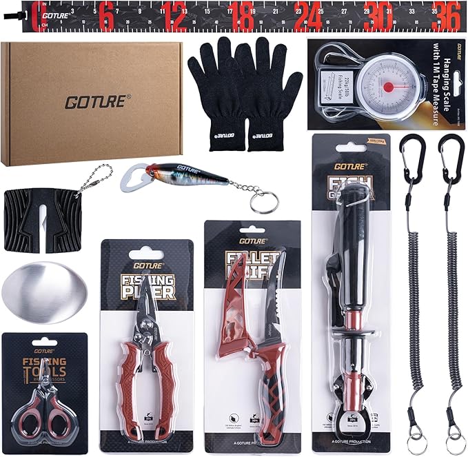 Goture Fishing Tool Kit,Fishing Pliers,Fillet Knife with Sheath,Fish Lip Gripper,Fish Hook Remover,Lanyard,Line Scissors,Sharpener,Stainless Steel Soap,Saltwater Gear Kit,Red/Pink,Gifts for Men/Women