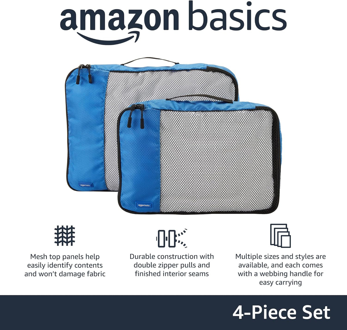 Amazon Basics Packing Cubes for Travel, Packing Organizers Set, 4-Piece-Set (2 Medium And 2 Large) With Double Zipper Pulls and Mesh Top Panel, 100% Durable Polyester, Blue - Roamly