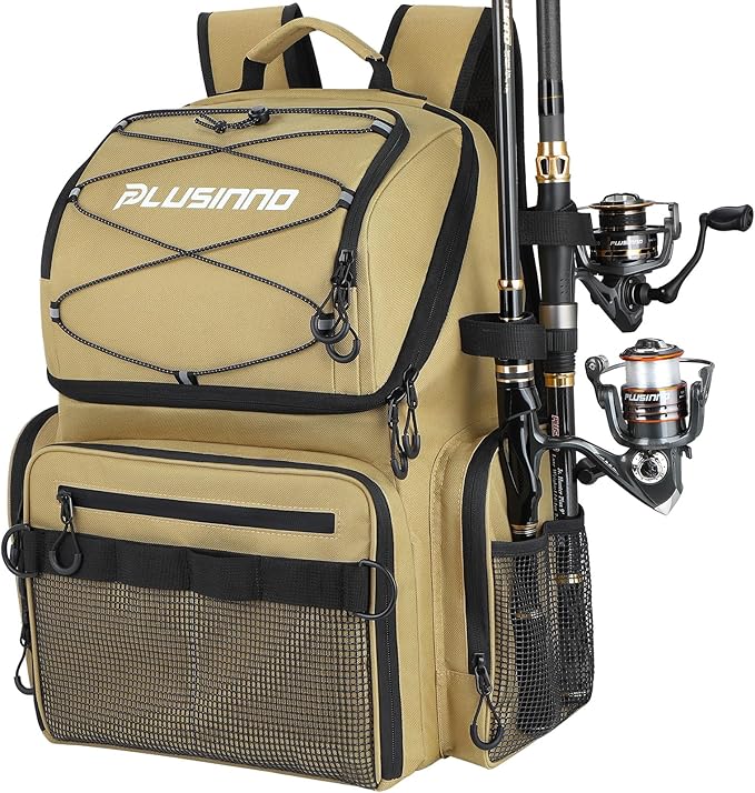 PLUSINNO Cooler Fishing Backpack with Rod Holders 45L Large Water-resistant Fishing Tackle bag Store Fishing Gear Fishing Gifts for Men Father, Sport Bags