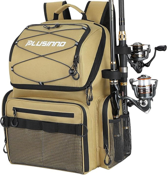 PLUSINNO Cooler Fishing Backpack with Rod Holders 45L Large Water-resistant Fishing Tackle bag Store Fishing Gear Fishing Gifts for Men Father, Sport Bags