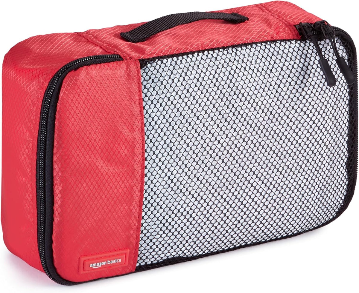 Amazon Basics Packing Cubes for Travel, Packing Organizers Set, 4-Piece-Set (Slim, Small, Medium, Large) With Double Zipper Pulls and Mesh Top Panel, 100% Durable Polyester, Red - Roamly