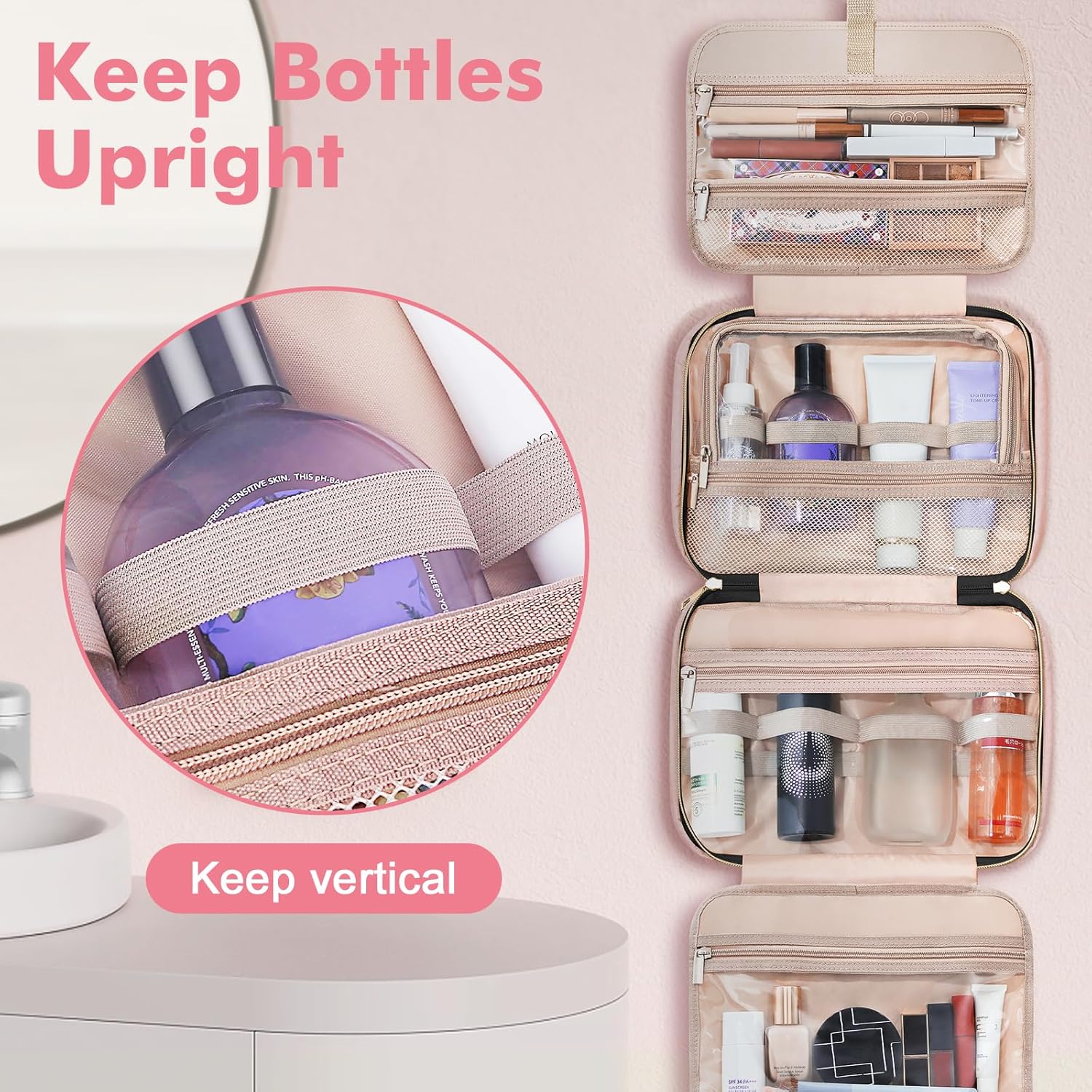Wedama Toiletry Bag for Women, Large Cosmetic Travel Bag, Hanging Toiletry Bag for Bathroom, Thickened PVC Waterproof Makeup Bag, Toiletries Bag for Travel Business Trips and Camping, Baby Pink - Roamly