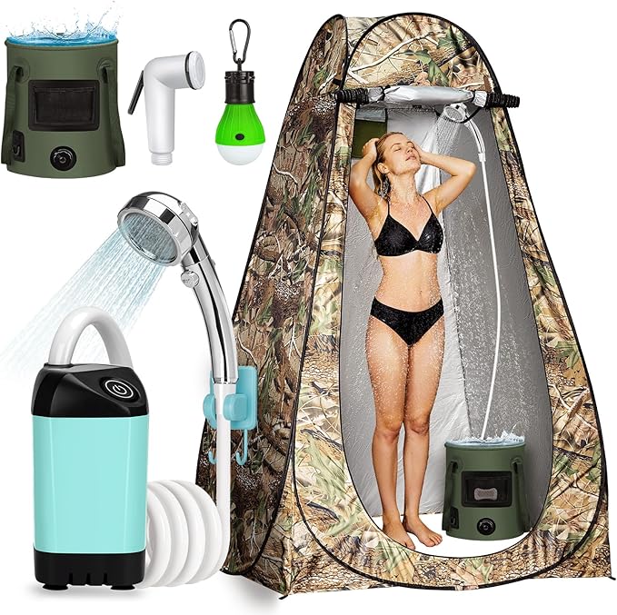Portable Camping Shower, Pop Up Shower Privacy Tent Kit with LED Lights, 4500mAh Rechargeable Shower Pump, Filtered Shower Head & 7.4 Gallons Foldable Bucket, Outdoor Shower for Hiking Beach, Travel