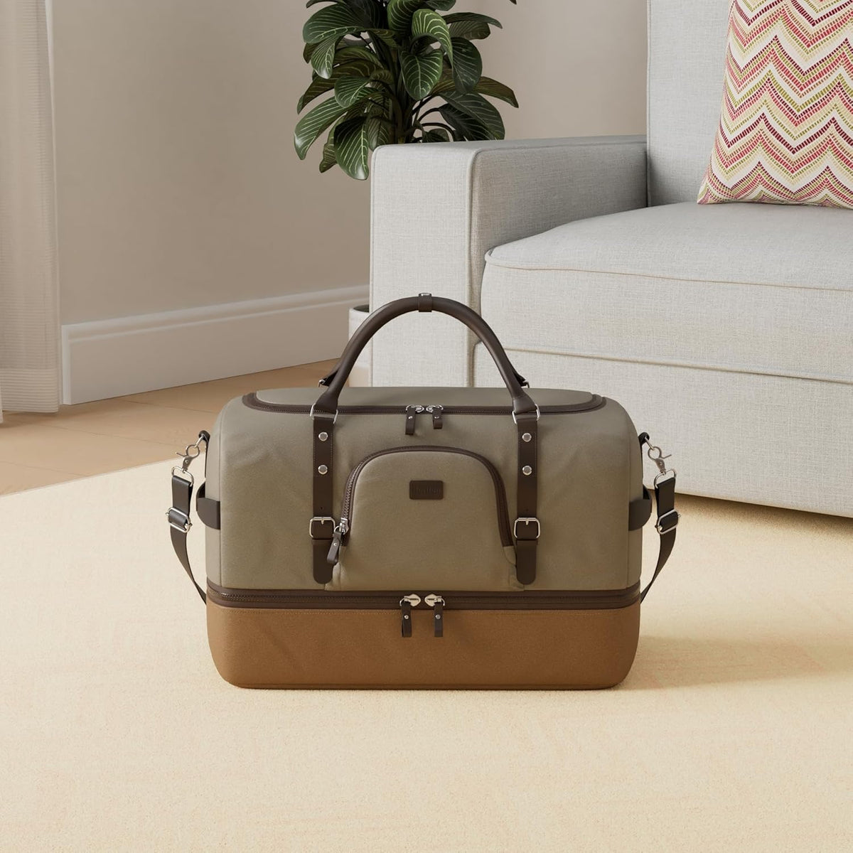 Nerlion Green Large Weekender Overnight Duffel Bag with Shoe Compartment and Leather Accents - Roamly