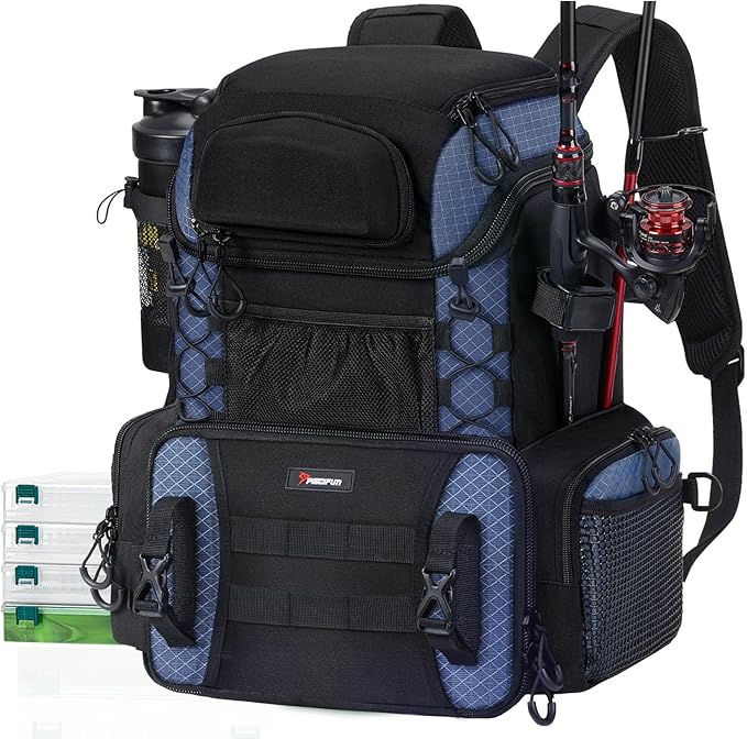 Piscifun Fishing Tackle Backpack with Rod Holders & 4 Tackle Boxes, 42L Outdoor Fishing Bag with Waterproof Rain Cover