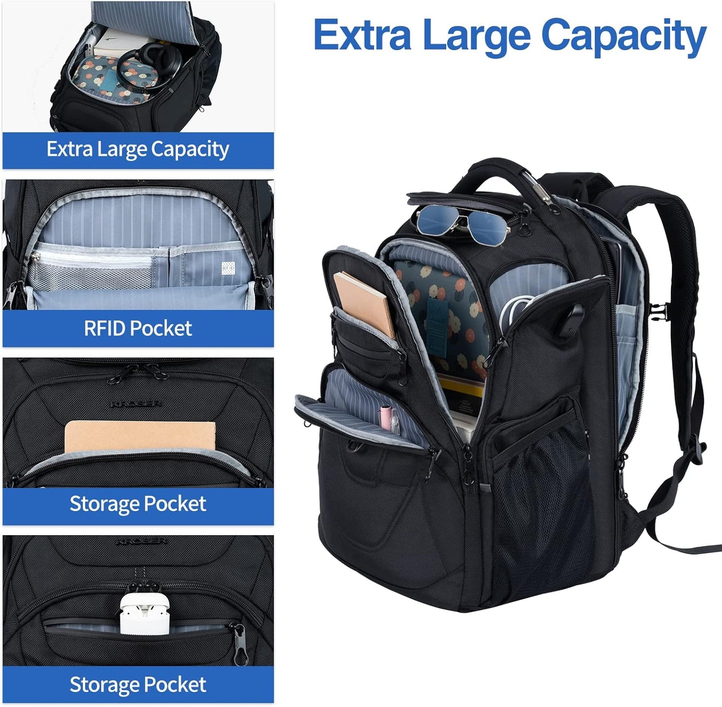 KROSER TSA Friendly Travel Laptop Backpack 18.4 inch XXXL Gaming Backpack Water-Repellent College Daypack Business Backpack with RFID Pockets & USB Port for Men/Women-Black - Roamly