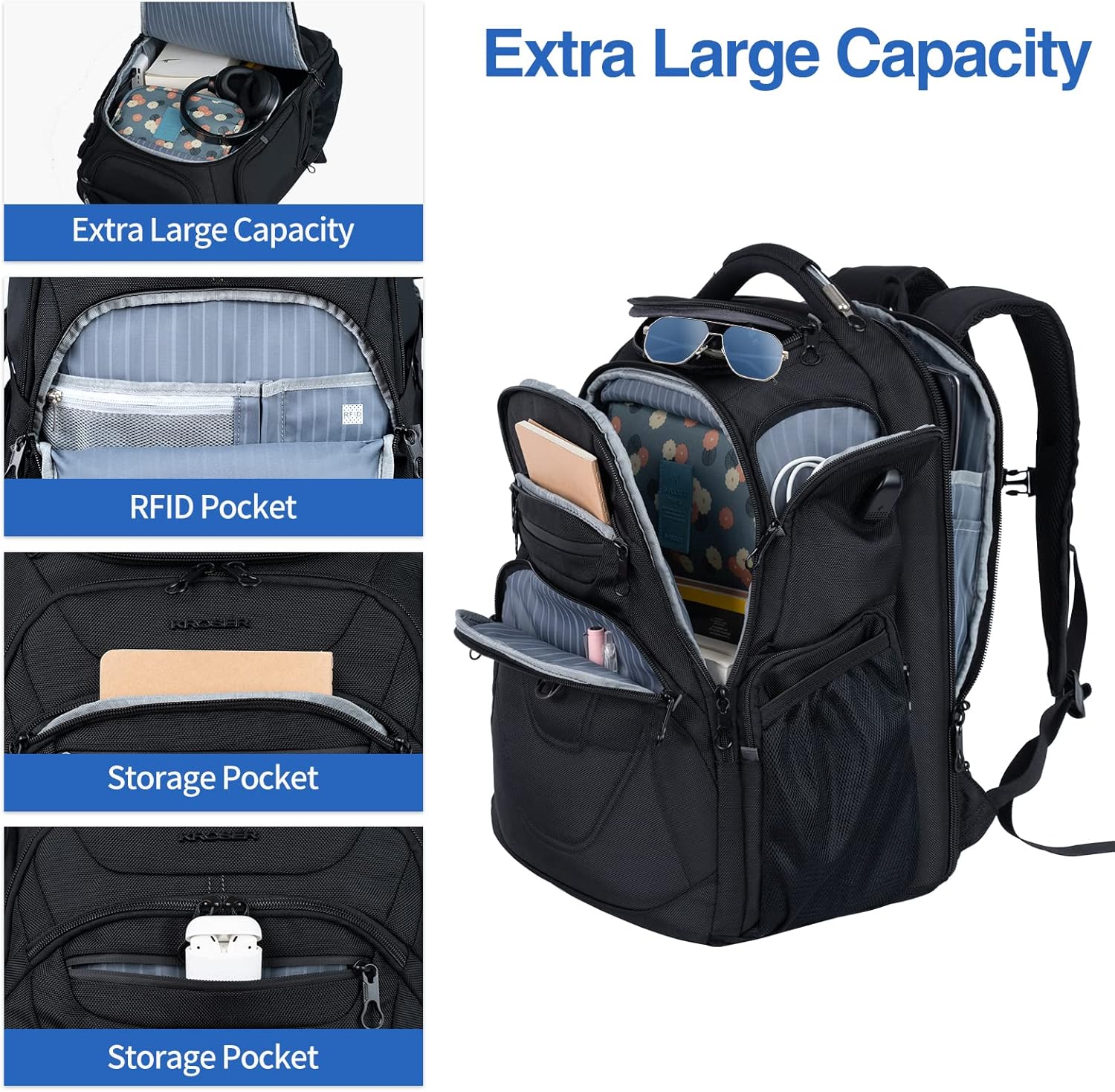 KROSER TSA Friendly Travel Laptop Backpack 18.4 inch XXXL Gaming Backpack Water-Repellent College Daypack Business Backpack with RFID Pockets & USB Port for Men/Women-Black - Roamly