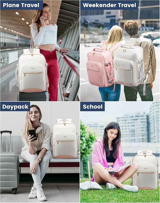 LOVEVOOK Travel Backpack for Women & Men 40L,Airline Approved Carry On Backpack Travel Essentials,TSA Carry on Luggage,Waterproof Personal Item Travel Bag,Suitcase with 3 Packing Cubes,Light gray-Pink