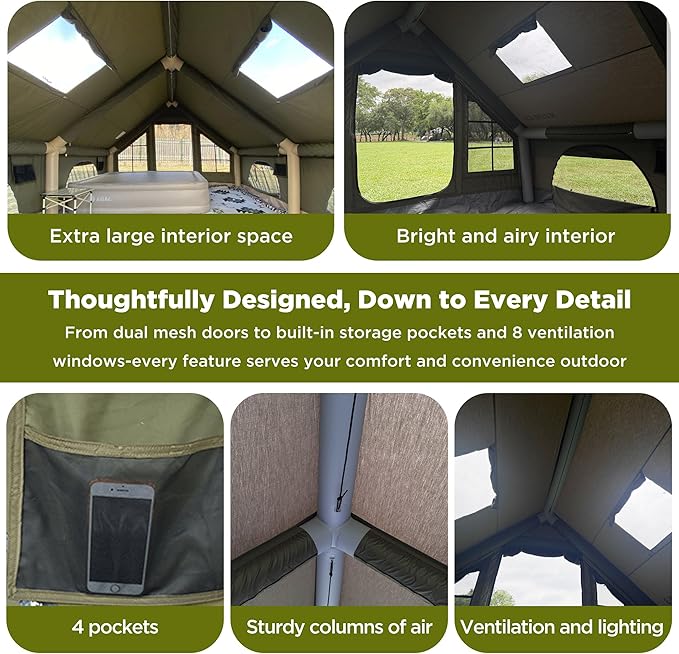 Large Luxury Inflatable Camping Tent, Technology Cotton Canvas Tent for 4-6-8-10-12 People | Breathable and Waterproof Tent with Skylight and Stove Jack, Suitable for Family Camping of 12 ㎡