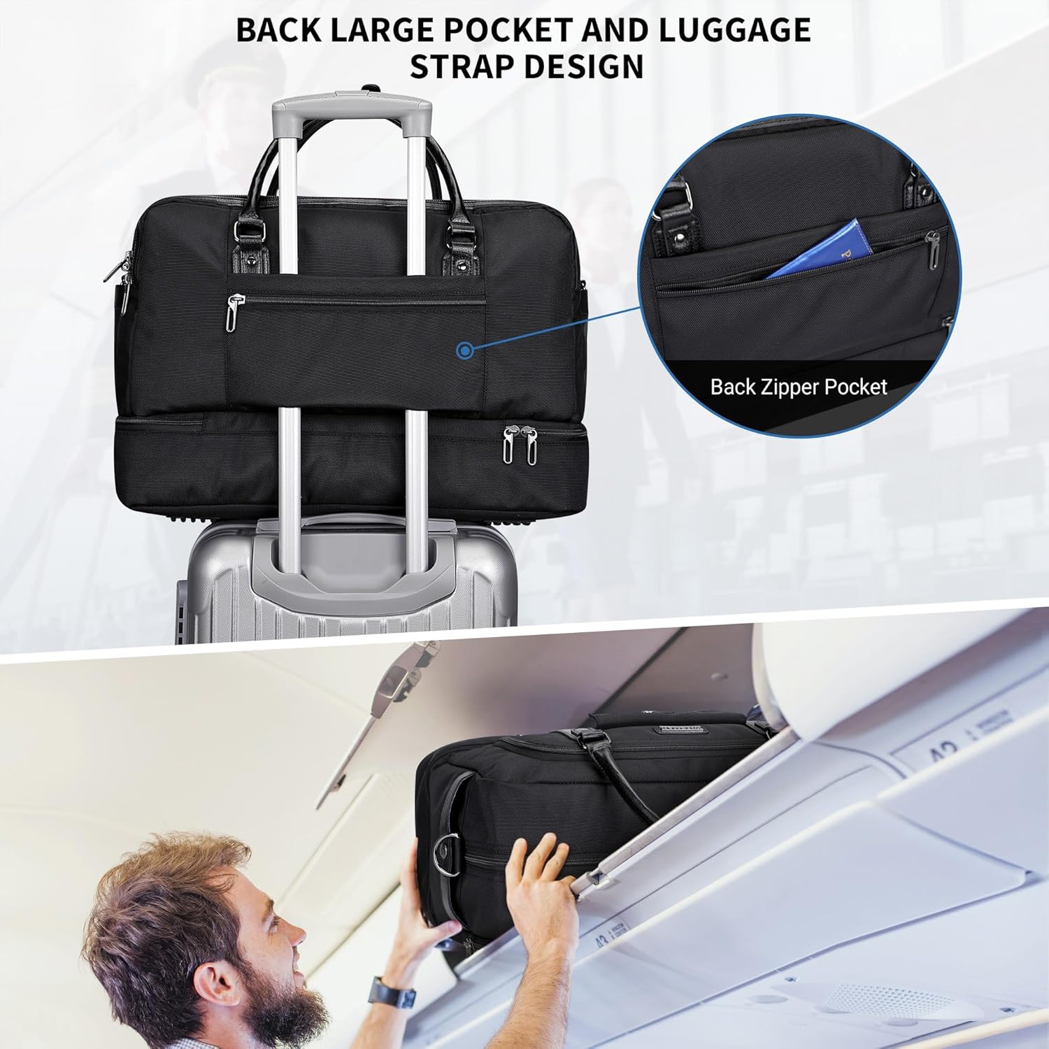 WITZMAN Weekender Bags for Men Women Carry On Duffle Overnight Bag with Toiletry Bag Sets Travel Duffel Bag Shoes Compartment （B694 Black） - Roamly