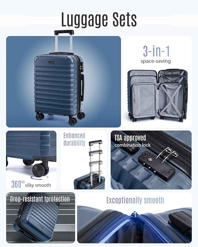 LIGHT FLIGHT Luggage Sets, 3 Piece Durable Suitcase Set with Spinner Wheels, 3 Pcs Hard Shell Lightweight Luggage with TSA Lock, Large Checked Travel Suitcases, 20/24/28 Inch,Blue/Brown