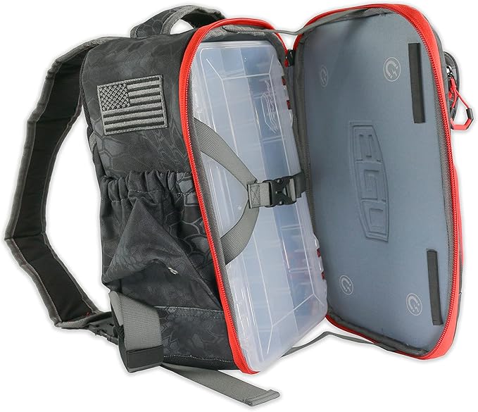 EGO Kryptek Tactical Tackle Box Backpack, Durable Fishing Tool Bag, 1000D Nylon Fabric with PVC Back, Water-Resistant, Multiple Storage Pockets, Laser-Cut Molle Loops, Includes 4 Tackle Trays