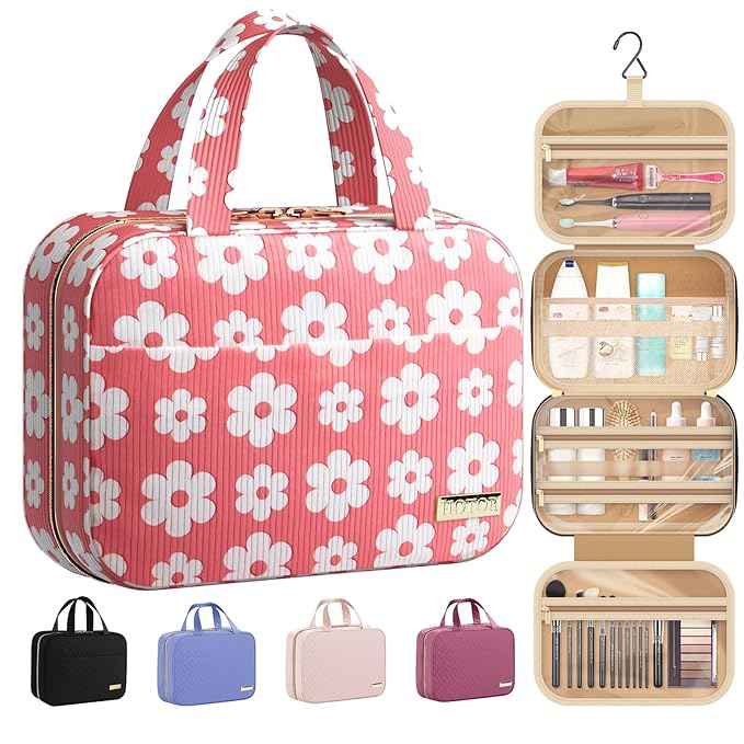 HOTOR Travel Toiletry Bag - Hanging Toiletry Bag for Women & Men, Makeup Bag/Big Comparment, Waterproof for Travel Accessories, Travel Essentials, Medium, Pink with White Daisy