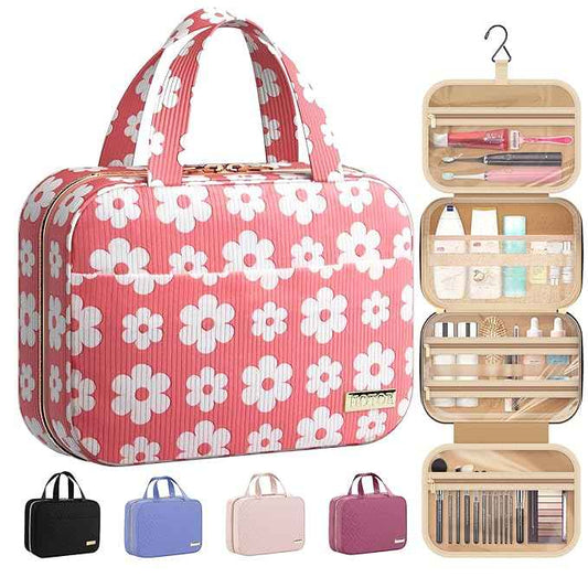 HOTOR Travel Toiletry Bag - Hanging Toiletry Bag for Women & Men, Makeup Bag/Big Comparment, Waterproof for Travel Accessories, Travel Essentials, Medium, Pink with White Daisy