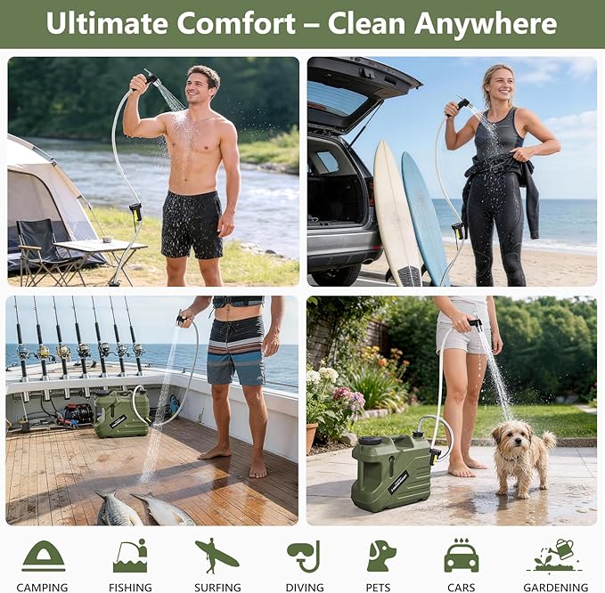 SPACEREST Portable Shower for Camping with Integrated Design – Spill-Resistant, Electric Camping Shower, 5-Gallon Food-Grade Water Jug for Outdoor, Beach, Hiking, Dog Wash, 2 Batteries