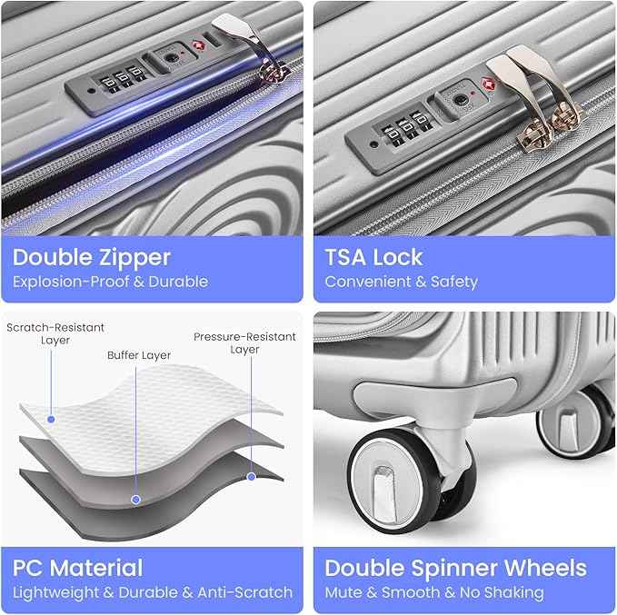 3 Piece Luggage Set 100% PC Hardshell, Front Opening Expandable Suitcase (20/24/28) with Laptop Compartment & Free Custom PVC Covers, Trunk Style Lightweight Spinner Wheels TSA Lock (Silver)