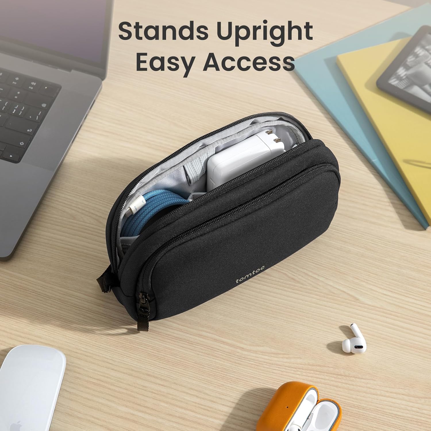tomtoc Electronic Organizer Travel Case, Water Resistant Dual Compartment Tech Pouch Cable Organization Storage Bag for Charger, Cord, Phone, Hard Drive, Power Bank, Accessories Travel Essentials - Roamly