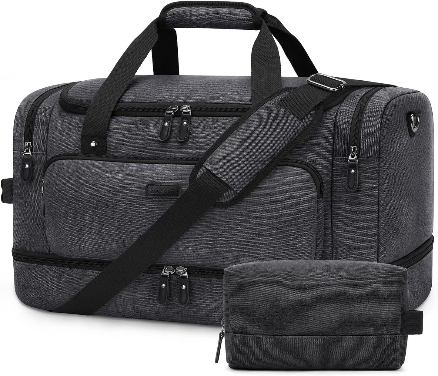 ZOMFELT Duffle Bag for travel, 40L Canvas Travel Duffel Bags for Men Women, Water Resistant Overnight Weekender Bag with Toiletry Bag & Shoe Compartment, Carry on Luggage Bag for Travel, Gym, Black - Roamly