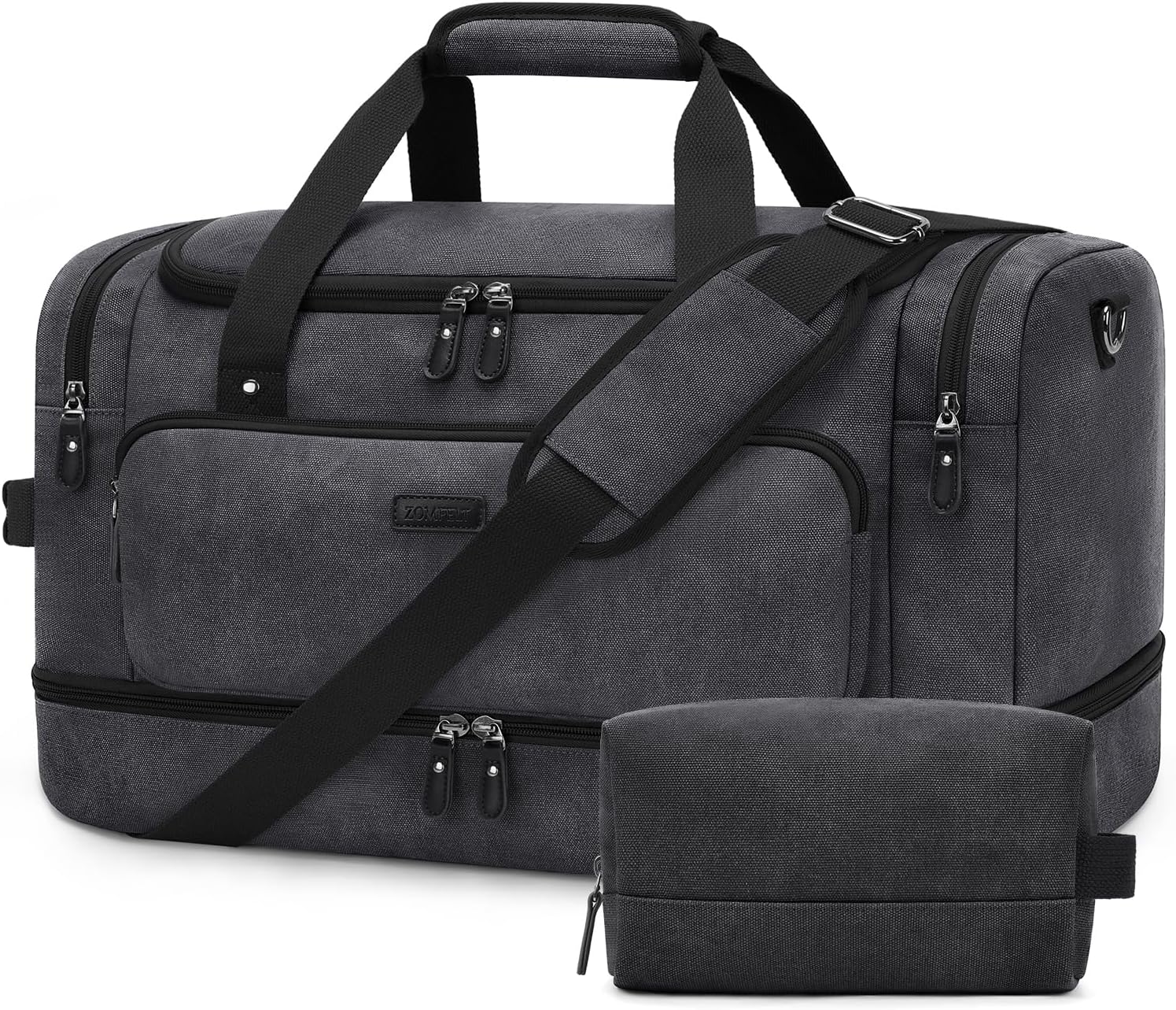 ZOMFELT Duffle Bag for travel, 40L Canvas Travel Duffel Bags for Men Women, Water Resistant Overnight Weekender Bag with Toiletry Bag & Shoe Compartment, Carry on Luggage Bag for Travel, Gym, Black - Roamly