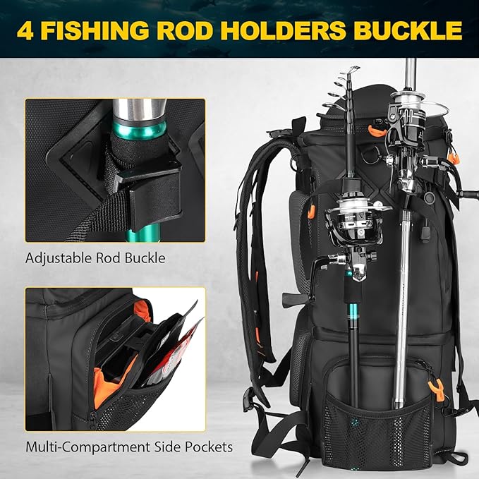 Kalkal Fishing Tackle Backpack, 51L Water-Resistant Fishing Backpack with Cooler & 4 Rod Holder, Sunglasses Pocket, Fishing Tackle Bag Storage Fishing Gear, Fishing Gifts for Men Father