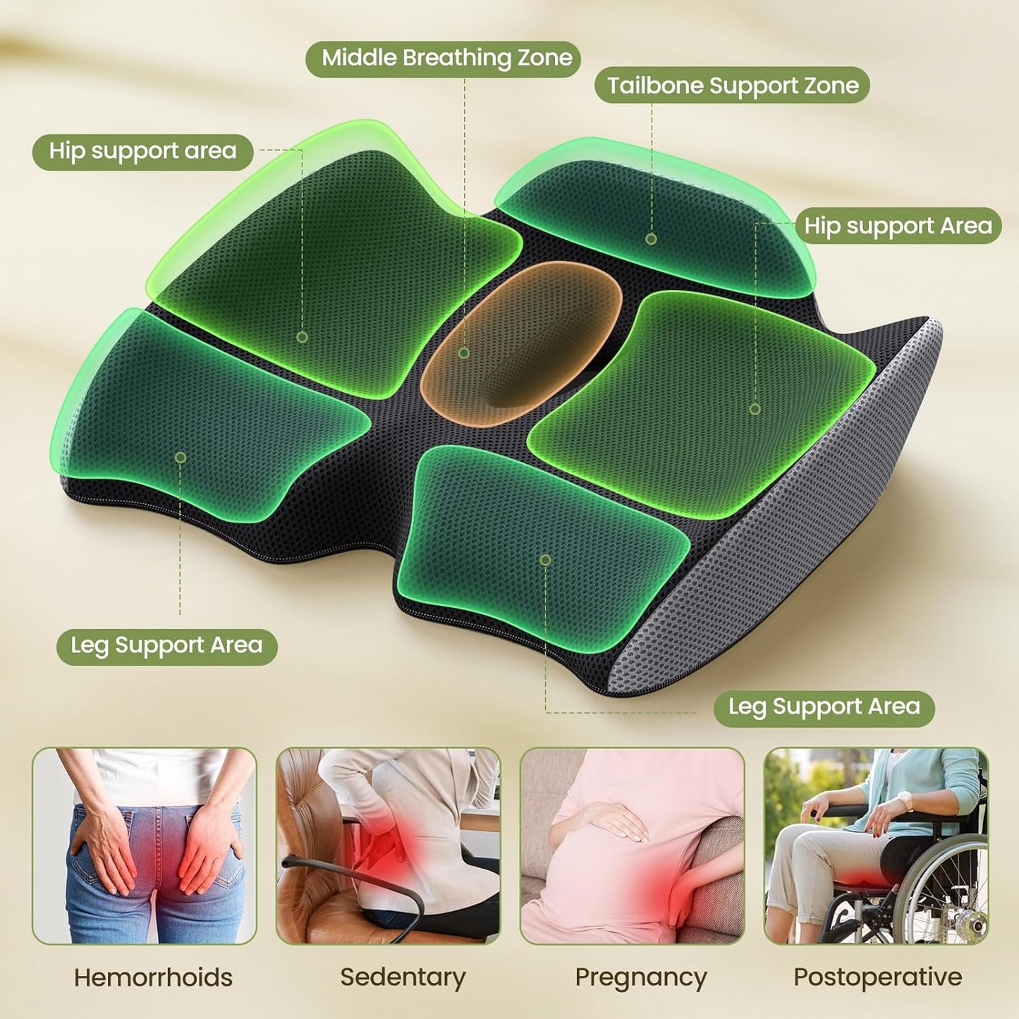 Benazcap Pressure Relief Seat Cushion for Tailbone Pain Office Chair Cushion for Butt, Back Pain, Coccyx & Sciatica Pain Relief Pillow. Memory Foam Seat Cushions for Office Chairs