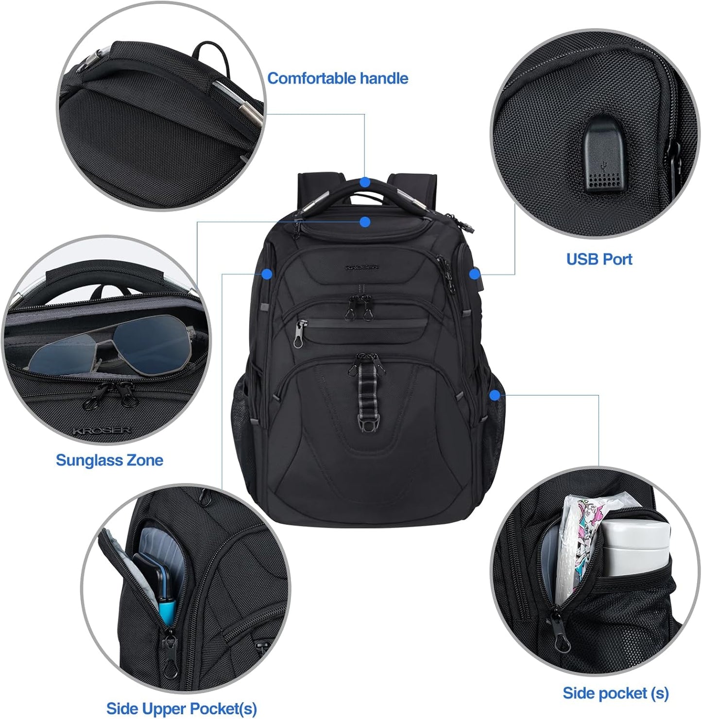 KROSER TSA Friendly Travel Laptop Backpack 18.4 inch XXXL Gaming Backpack Water-Repellent College Daypack Business Backpack with RFID Pockets & USB Port for Men/Women-Black - Roamly