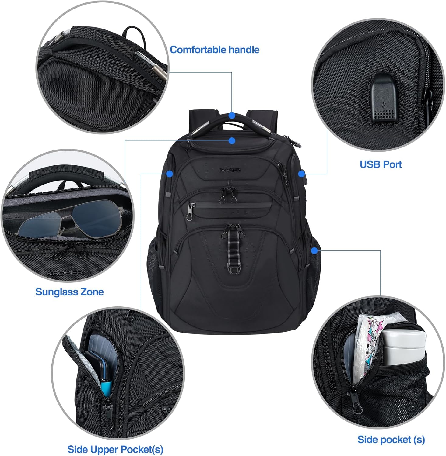 KROSER TSA Friendly Travel Laptop Backpack 18.4 inch XXXL Gaming Backpack Water-Repellent College Daypack Business Backpack with RFID Pockets & USB Port for Men/Women-Black - Roamly