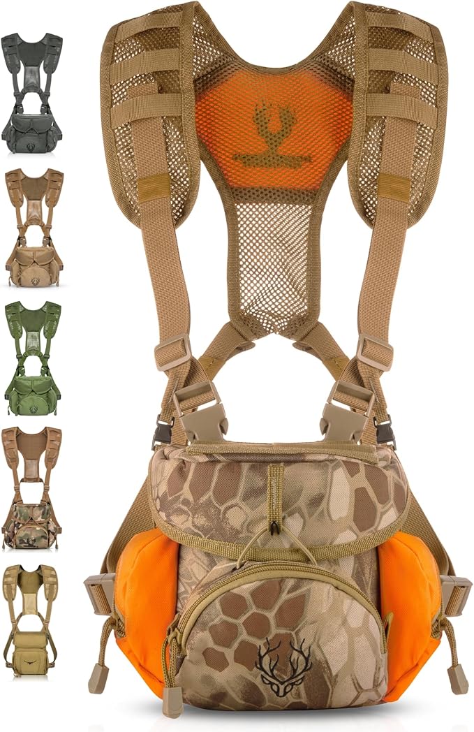Binocular Harness Chest Pack - Lightweight Hunting Chest Rig with Rangefinder Pouch, MOLLE System Bino Harness for Bow Hunting, Tactical Chest Pack for Men, Veteran Owned Gear, Orange