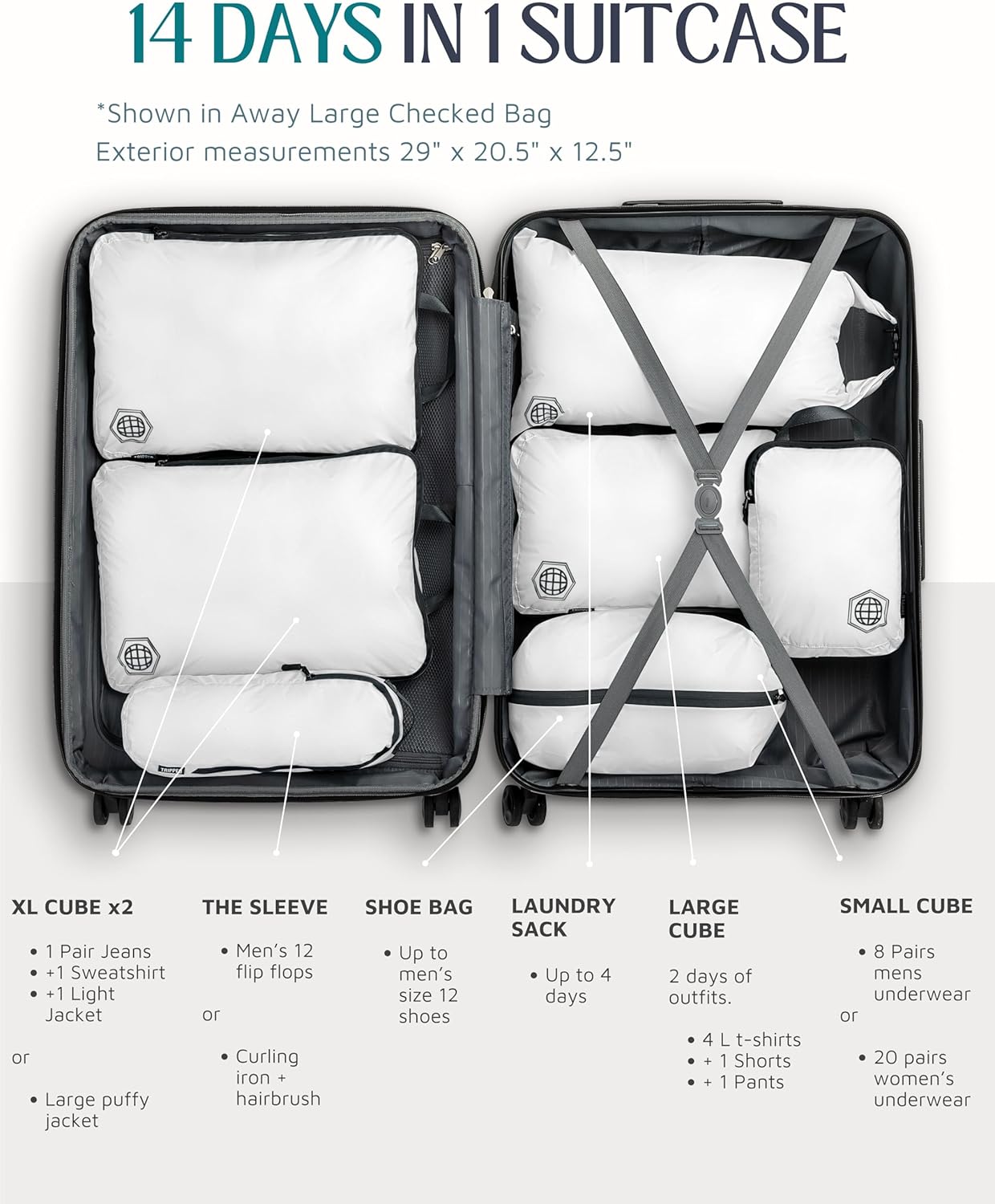 Large Compression Packing Cubes for Travel-Packing Cube Luggage Organizers 7 Piece Set for Checked Luggage-Ultralight, Expandable/Compression Bags by TRIPPED Travel Gear (White/Grey) - Roamly