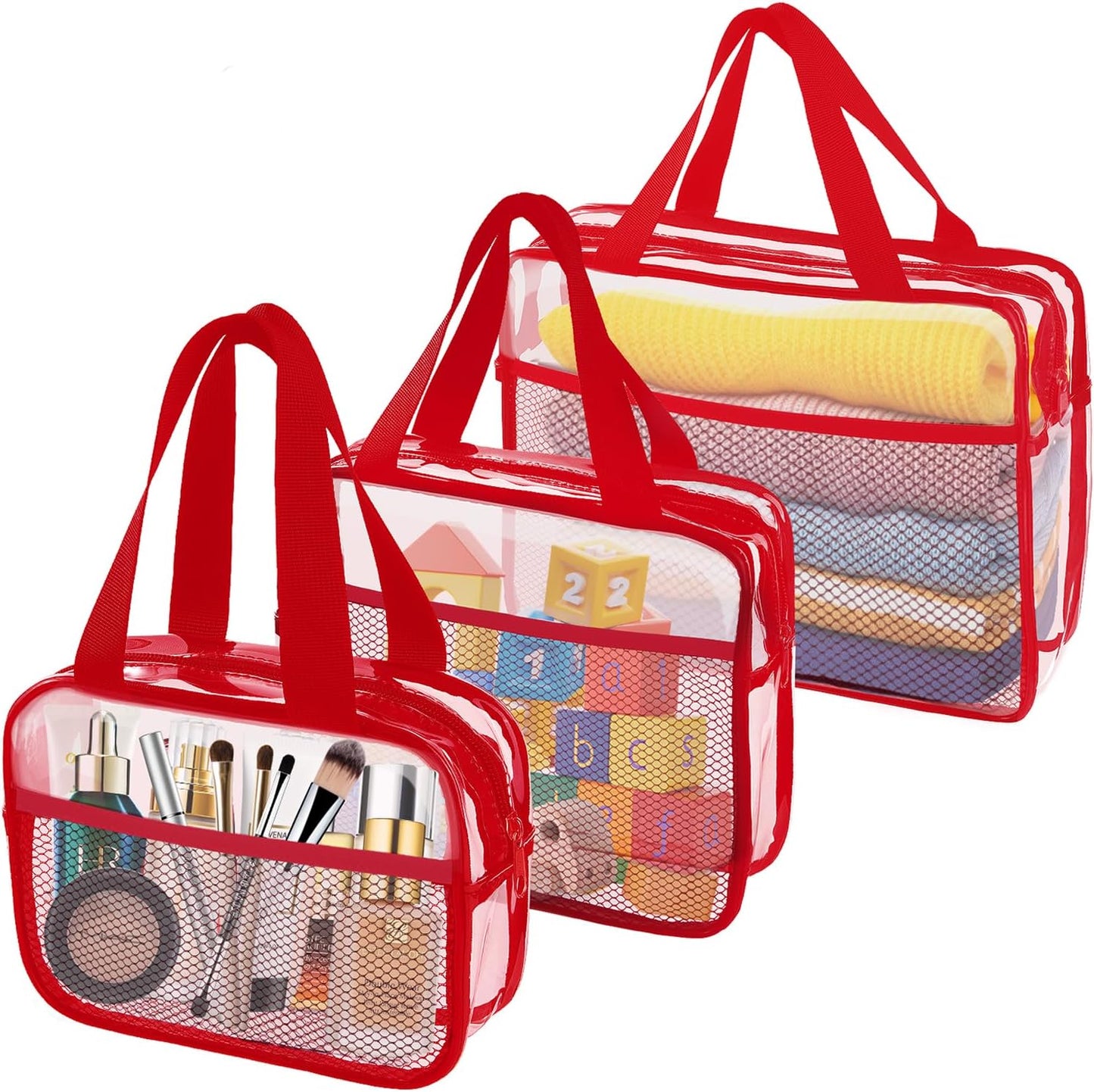 XEWEA Clear Travel Toiletry Bags, 3 Pack TSA Approved Transparent Makeup Bag for Men Women, Large Waterproof PVC Quart Organizer Kit with Zipper for Toiletries Airline Essential,Toy Storage Pouch Red - Roamly