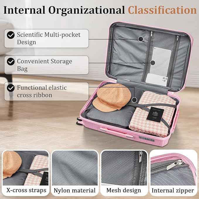 4 Piece Expandable Hardshell Pink Luggage Sets with Spinner Wheels, Lightweight Travel Suitcase Set with TSA Locks, 20 inch Carry On for Women (Pink#B, 4 Piece Set)