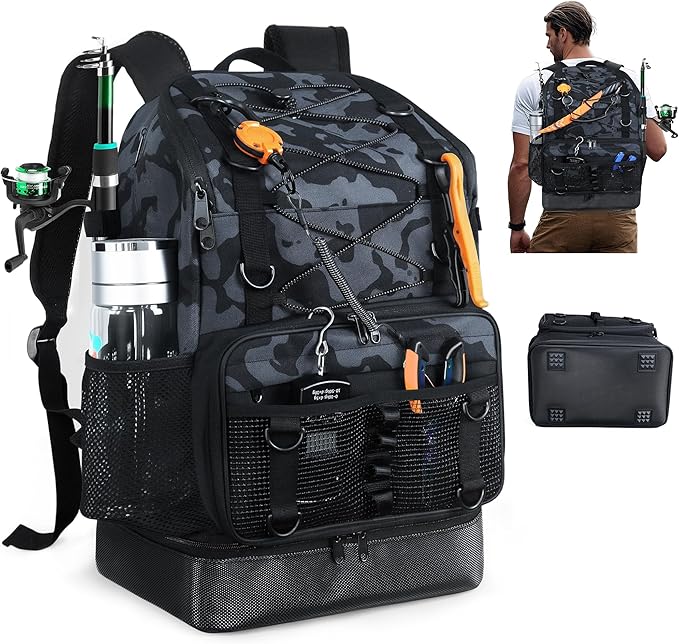Fishing Backpack with 4 Tackle Boxes, Heavy Duty Fishing Bag with Waterproof Bottom, Tackle Backpack Gifts for Man Woman-Camo Black