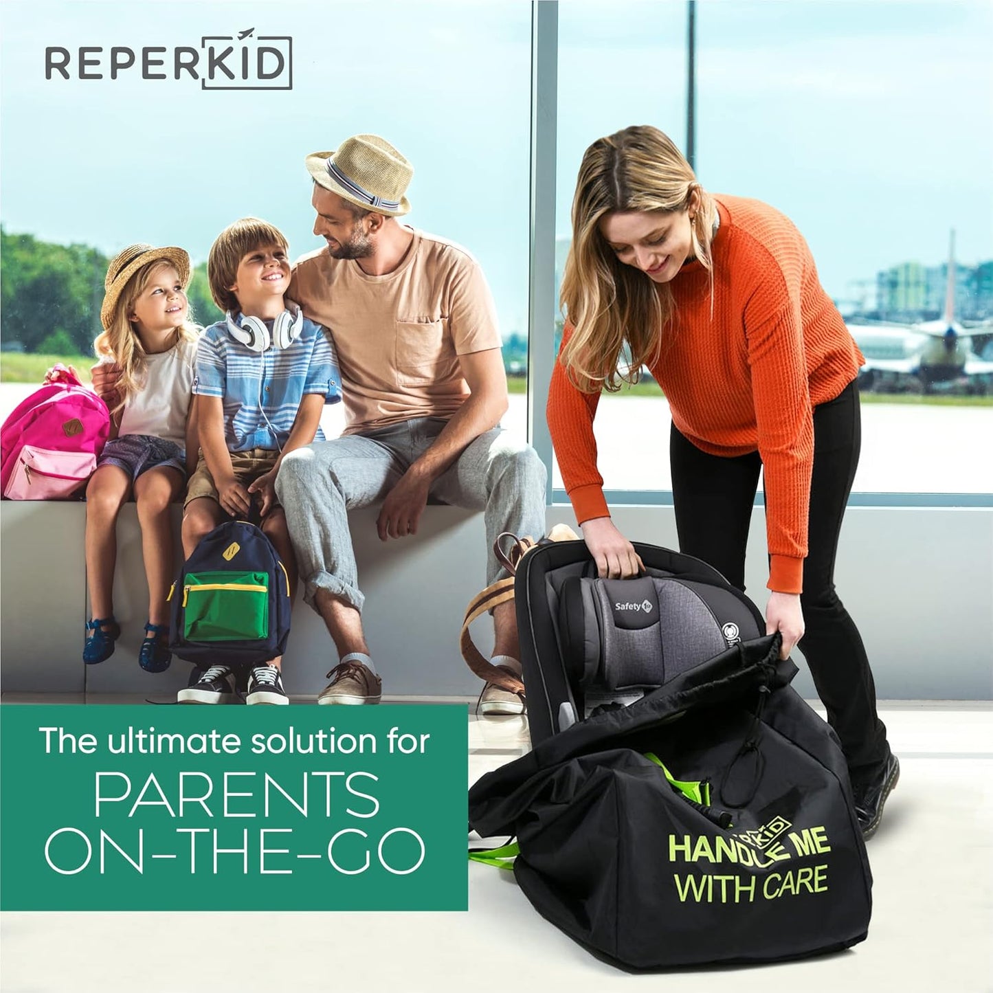 reperkid Car Seat Travel Bag for Airplane, Black and Green, 33" H x 18" W x 18" D, Fits Most Convertible, Booster and Infant Car Seats – Premium Waterproof Cover, Adjustable Shoulder Strap