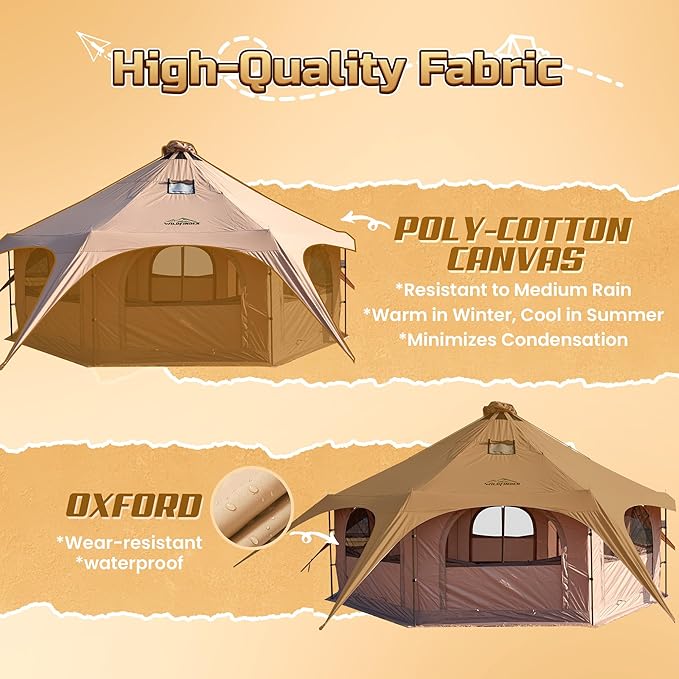 16.5ft Canvas Bell Tent, Large Yurt Tent with Stove Jack for Camping & Glamping, 55" High Walls, Maximum Space, Waterproof 4 Season Hot Tent with 8 Mesh Windows & Removable Floor