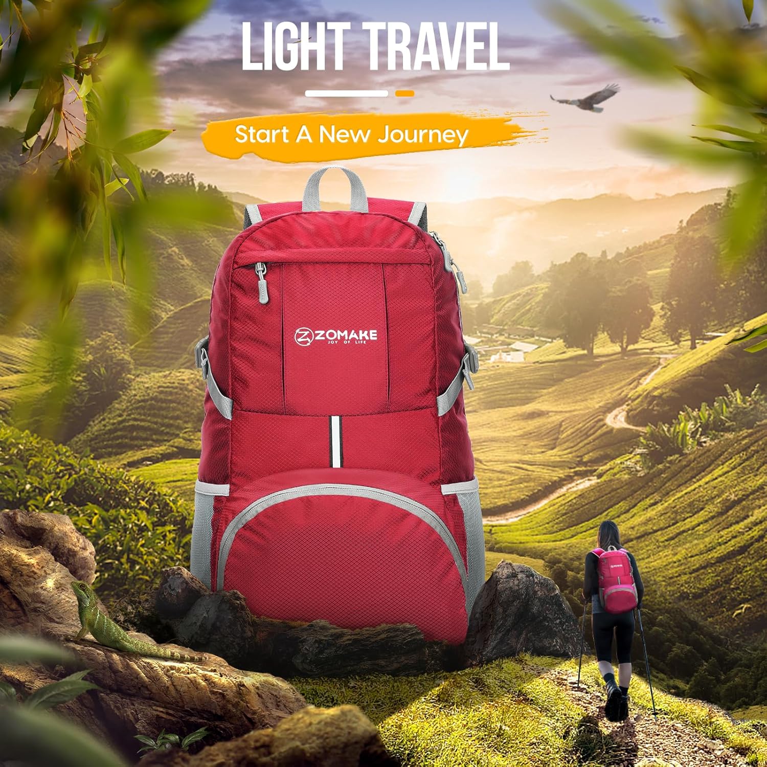 ZOMAKE Lightweight Packable Backpack 35L, Light Foldable Backpacks Water Resistant Collapsible Hiking Bag, Compact Folding Day Pack for Travel Camping(Red) - Roamly