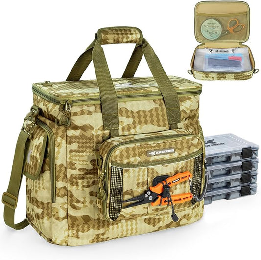 KastKing BaitSpace Fishing Tackle Bag With 4 Tackle Boxes & Removable Bait Binder, Water-Resistant Tackle Storage, Durable Fishing Gear, Adjustable Shoulder Strap