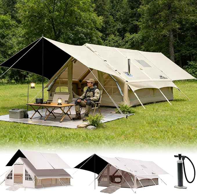 Inflatable Camping Tents 8-10 Person,129 Square Feets Large Inflatable Camping Tent with Stove Jack,Blow up Tent with Mesh Windows & Pump