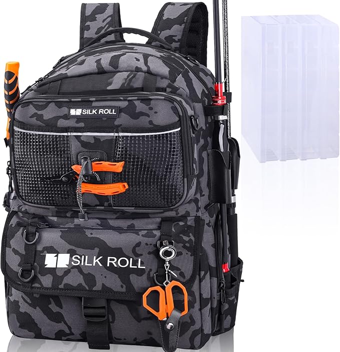 50L Fishing Tackle Backpack with Rod Holder and 4 Included 3600 Tackle Boxes - Waterproof Fishing Backpack for Ultimate Gear Organization and Storage (Gray Camo)