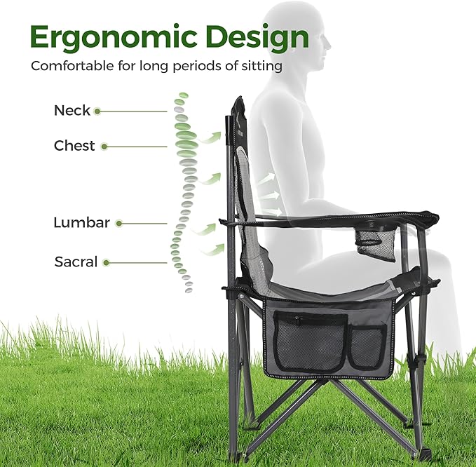 ALPHA CAMP 2PC Oversized Mesh Back Camping Folding Chair Heavy Duty Support 350 LBS Collapsible Steel Frame Quad Chair Padded Arm Chair with Cup Holder Portable for Outdoor (Black-2PC)