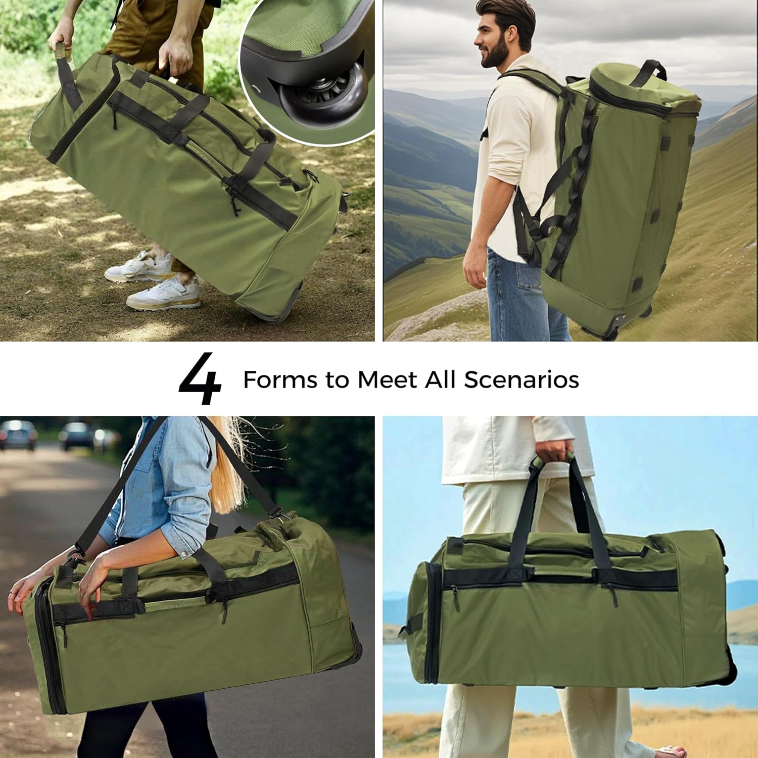 110L/120L Rolling Duffel Bag with Wheels - 28" No-Sag Design for Heavy Loads, Waterproof Travel Duffel w/Shoulder Straps and Dividers, Foldable Lightweight Design for Camping/Cargo/Air Travel - Roamly