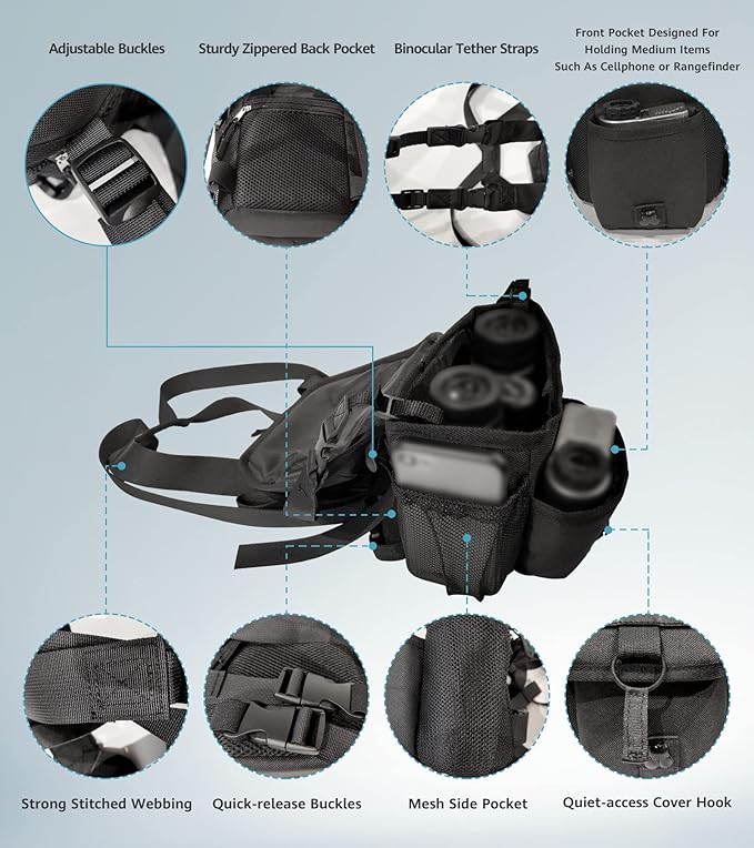 GAIARENA Binocular Harness Chest Pack, Waterproof Bino Harness with Rangefinder Pouch for 20x50 Binoculars Bino Chest Harness Adjustable Binocular Chest Pack for Hunting Hiking (Full Size)