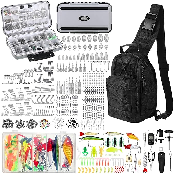 Sosation 482 Pcs Fishing Gifts for Men Fishing Sling Bag Tool Gear Equipment Accessories Kit Fish Backpack Tackle Box with Tackle Included Fish Hook Remover Tool Lures Lip Gripper