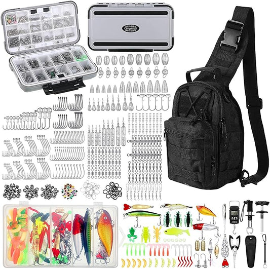 Sosation 482 Pcs Fishing Gifts for Men Fishing Sling Bag Tool Gear Equipment Accessories Kit Fish Backpack Tackle Box with Tackle Included Fish Hook Remover Tool Lures Lip Gripper