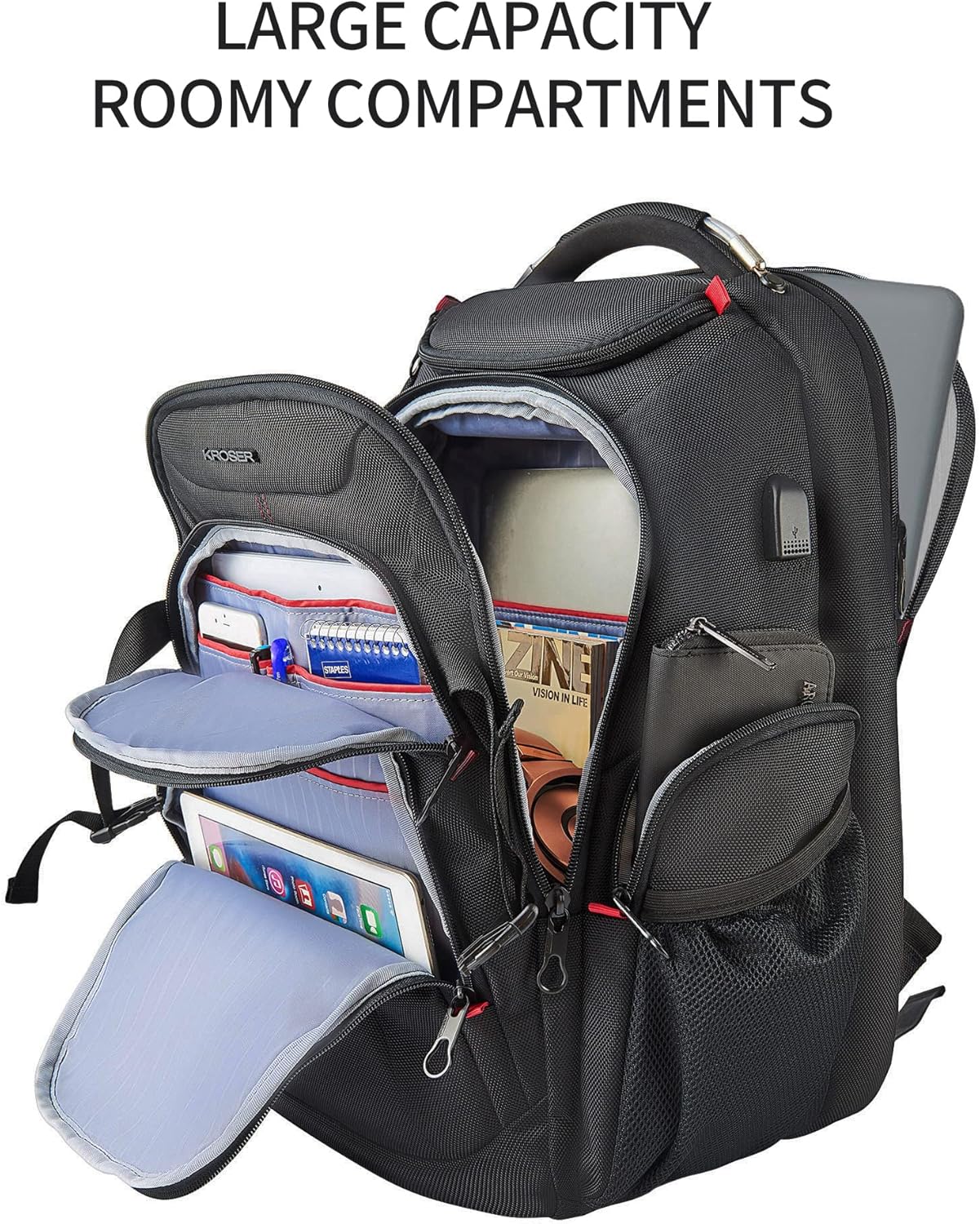 KROSER Travel Laptop Backpack 17.3 Inch XL Computer Backpack with Hard Shell Saferoom RFID Pockets Water-Repellent Business College Daypack Stylish Bag for Men/Women-Black - Roamly