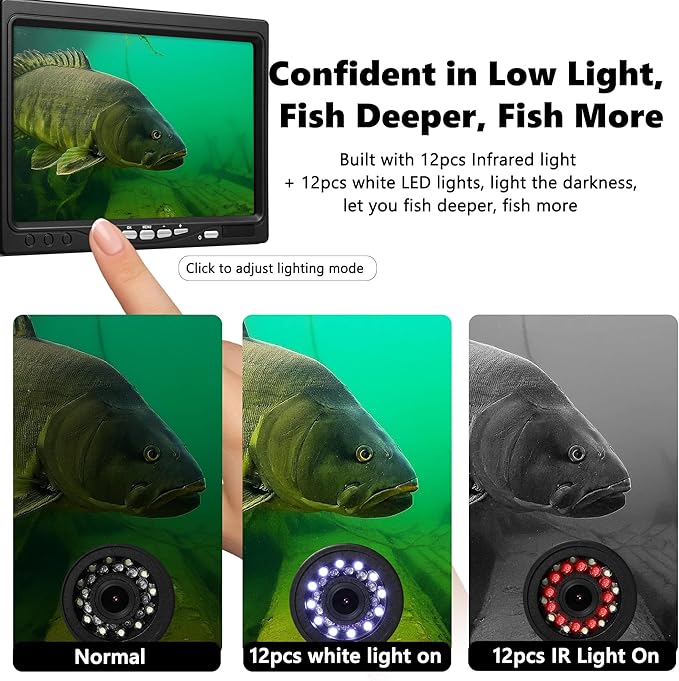 [FishPRO® 2026 Upgrade] Underwater Fishing Camera 1200TVL, 7'' Ice Fishing Camera Underwater[Aluminum Box], Fish Finder Ice Fishing Gifts for Men, IR+LED, 4,500mAh, 65ft