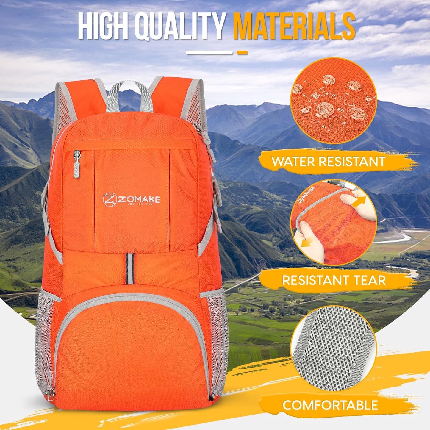 ZOMAKE Lightweight Packable Backpack 35L, Light Foldable Backpacks Water Resistant Collapsible Hiking Bag, Compact Folding Day Pack for Travel Camping(Orange) - Roamly