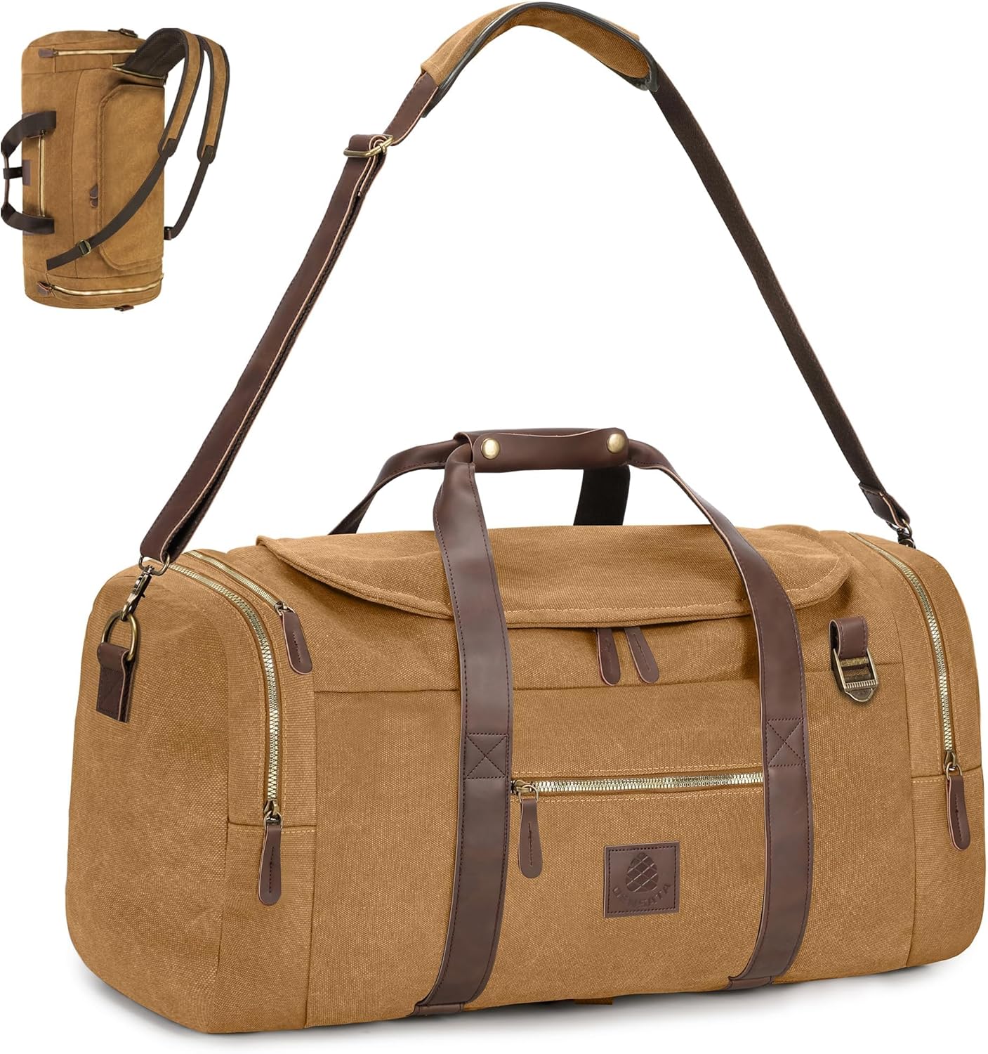 Vintage Canvas Duffle Bag, 50L Genuine Leather Travel Duffel Backpack Multifunctional Overnight Weekender Bag with Shoes Compartment Men (Coffee) - Roamly