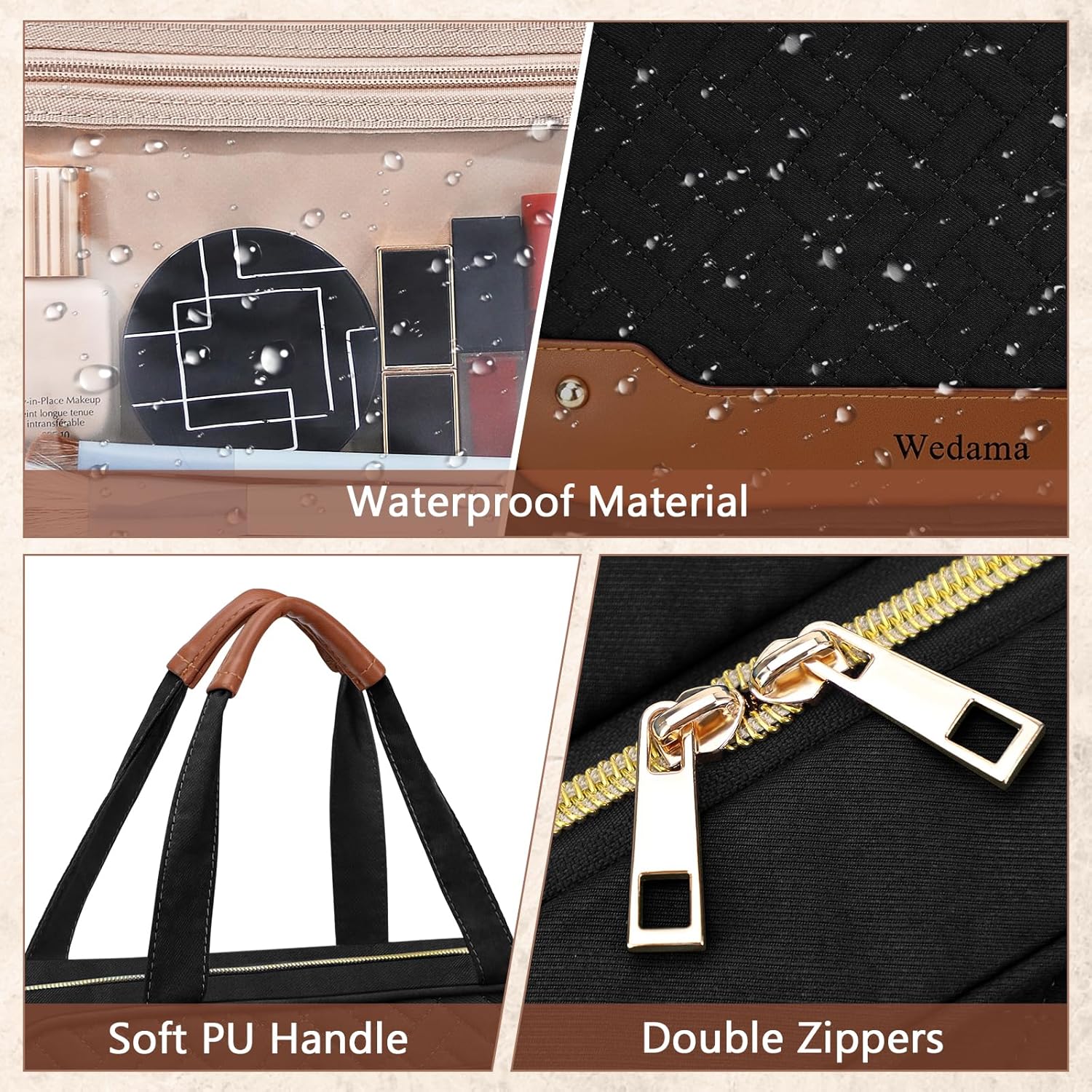 Wedama Toiletry Bag for Women, Hanging Travel Toiletry Bag with Jewelry Organizer Compartment Medium Makeup Bag, PVC Waterproof Cosmetic Travel Bag Trips Camping Bathroom, Black+Brown - Roamly