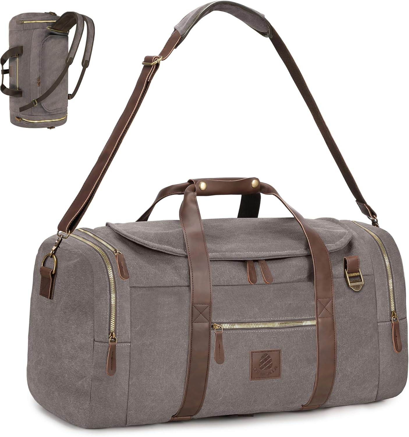 Vintage Canvas Duffle Bag, 50L Genuine Leather Travel Duffel Backpack Multifunctional Overnight Weekender Bag with Shoes Compartment Men (Grey) - Roamly