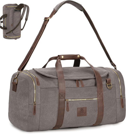 Vintage Canvas Duffle Bag, 50L Genuine Leather Travel Duffel Backpack Multifunctional Overnight Weekender Bag with Shoes Compartment Men (Grey) - Roamly
